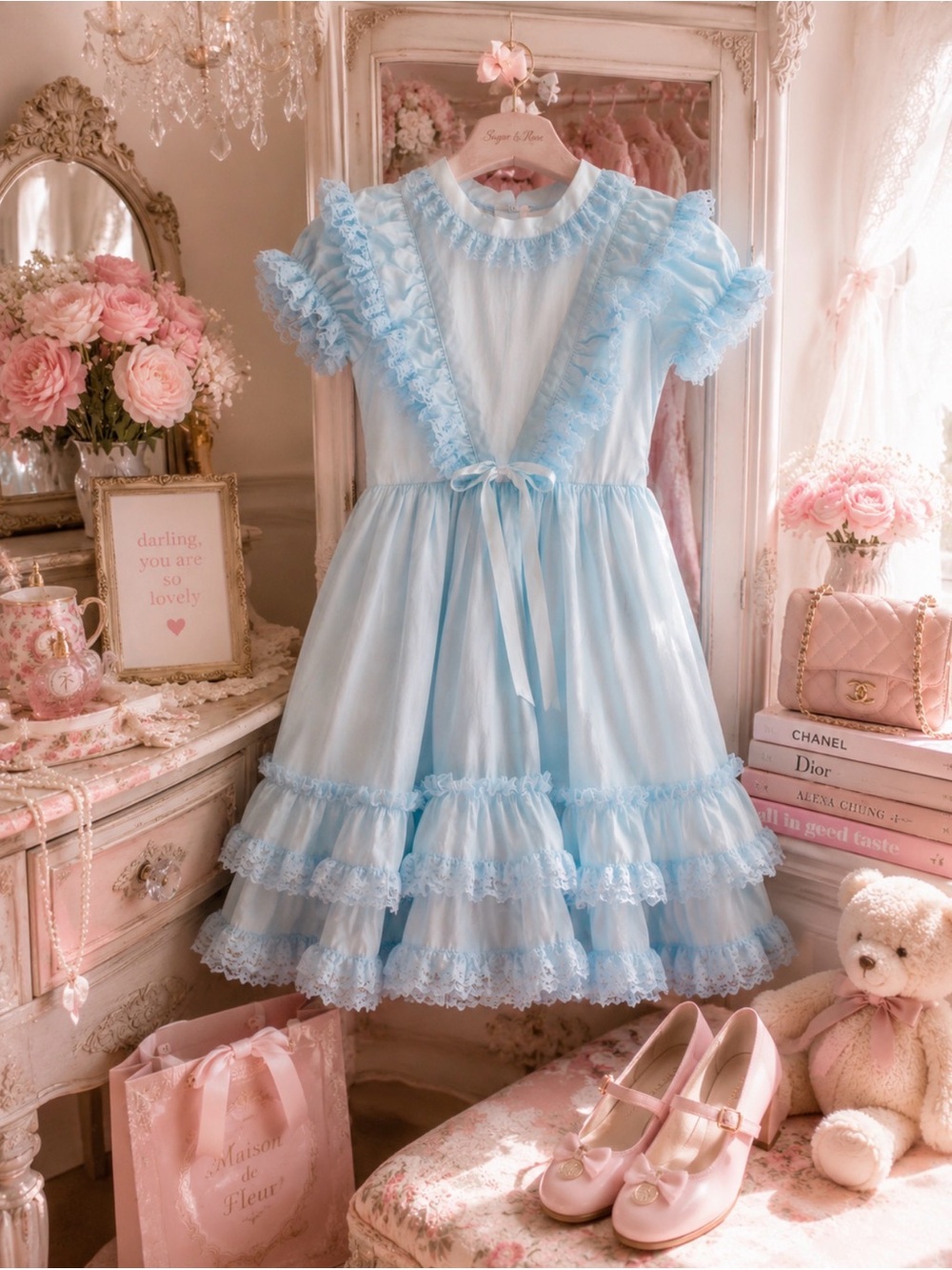 Betty oden vintage Blue Dress with Puff Sleeves and Peter Pan Collar size 6 x